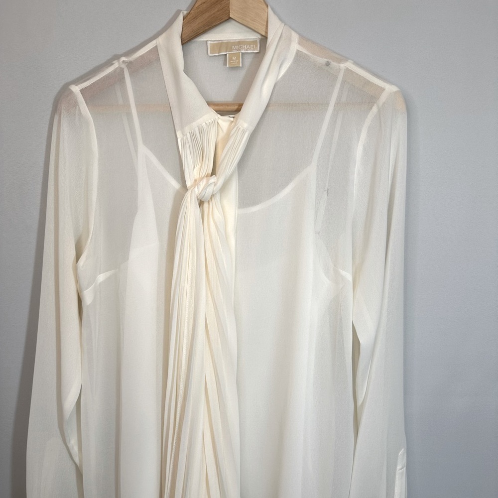 Michael Kors Button Front Tie Neck 2 Piece Blouse Cami Long Sleeve Sheer Size M